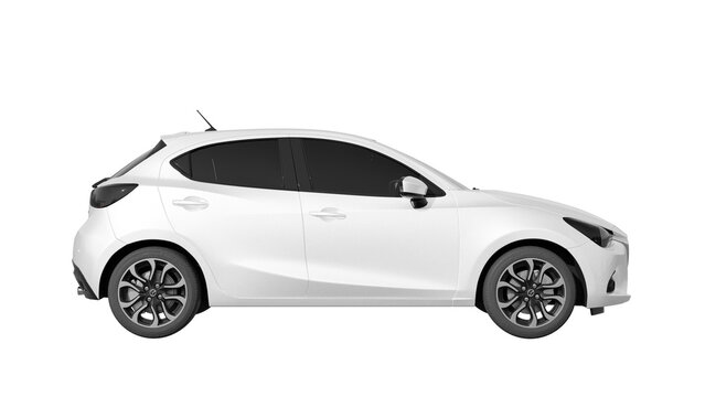 WHITE MAZDA 2 side view, 3d rendering of PNG transparent car	
