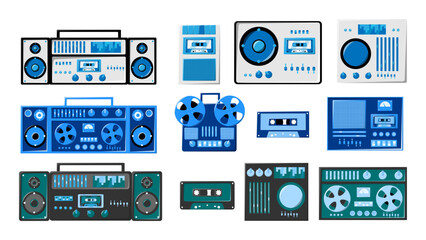 Set of bleautiful old retro vintage hipster musical electronics equipment: audio cassette recorder with magnetic tape, dj console from 70s, 80s, 90s. Vector illustration
