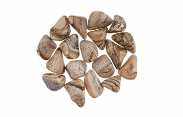 Tumbled picture jasper stones isolated on white