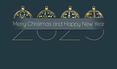 Christmas and New Year 2023 greeting Card, gold silhouette of christmas balls with text on dark desaturated blue background, holiday vector illustration