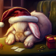 Christmas cute old rabbit sleeping on green chair with hat, Illustration