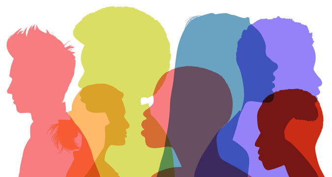 Heads faces colored silhouettes multicultural and multiethnic diversity male and female in profile
