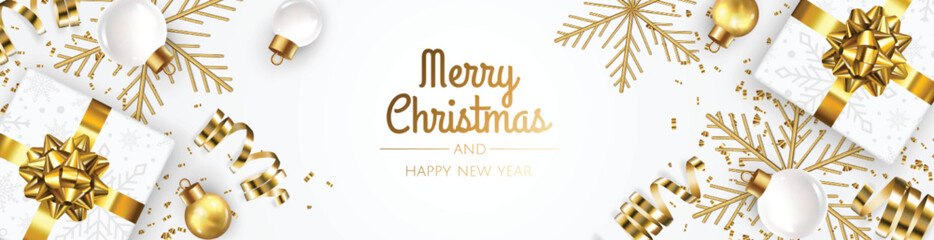 Merry Christmas sale banner template with realistic 3d objects, gift box, blue and white balls. Greeting card, banner, poster, header for website