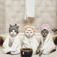 Three incredibly cute kittens sit wrapped in bathrobe after a bath.Cat spa.Relax in the bathhouse. Preparing for a New Year's Eve party. - obrazy, fototapety, plakaty
