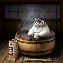 Fat lazy japanese cat takes hot bath in Japanese Wooden bath tub. Spa for cats. Wellness for pets. Relax and chill. Holiday resort or sanatorium for cats - obrazy, fototapety, plakaty