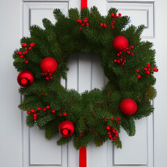 Green Christmas Wreath with Red Holiday Decorations