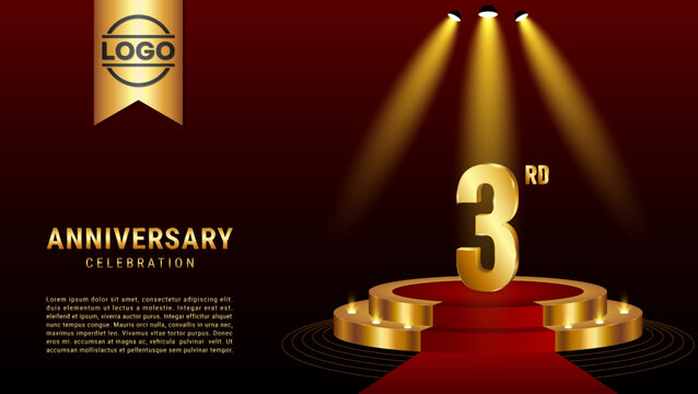 3rd Anniversary. Template design with golden stage for celebration event, wedding, greeting card and invitation card. Vector illustration EPS10