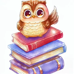 Rolgordijnen Wise owl reading book. School, kindergarten education. Children study. Creativity and imagination. Lesson with wise owl teacher. © helen_f