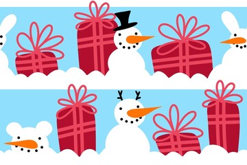 Christmas winter ice snow present seamless gift box and snowman pattern for wrapping paper and fabrics