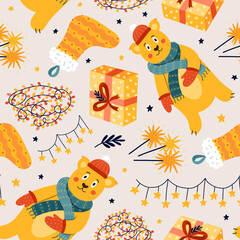 Cute Christmas seamless pattern with vector hand drawn holiday illustrations of. Can be used for wrapping paper, bedclothes, notebook, packages