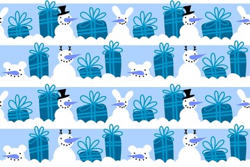 Fototapeta na wymiar Christmas winter ice snow present seamless gift box and snowman pattern for wrapping paper and fabrics