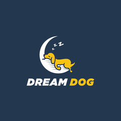 sleeping dog and crescent moon cute logo design
