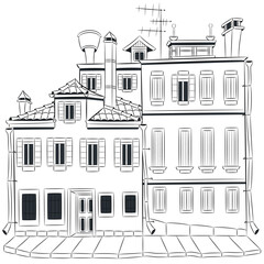 Naklejka premium Black and white drawing of Venetian houses on a white background.