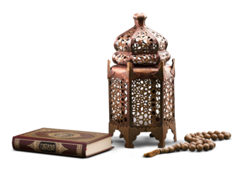 Islamic Holy Book Quran with rosary beads and ornamental arabic lantern