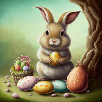 cute little easter bunny with colorful easter eggs, color illustration