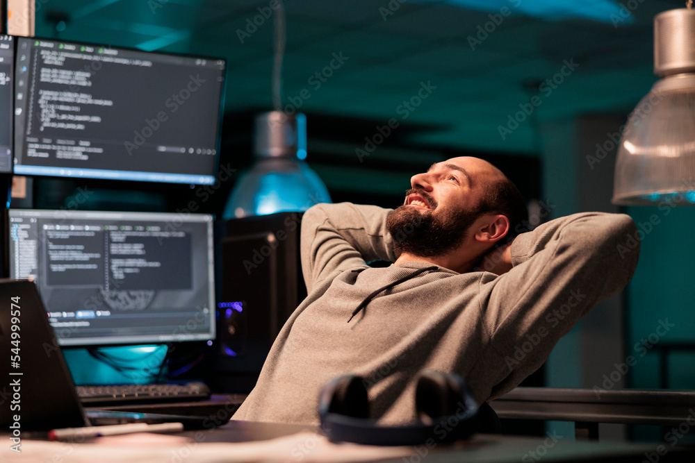 Poster happy relaxed developer sitting laid back on chair, feeling pleased about software development work 