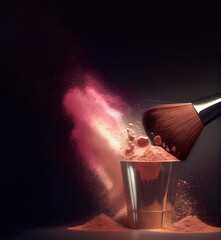 Make-up brush with nude brown pink colorful powder background, mixed digital 3d illustration and matte painting