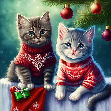 christmas cat, christmas pullover cat, kitten in pullover, kitten in christmas pullover, santa kitty, generative ai	
