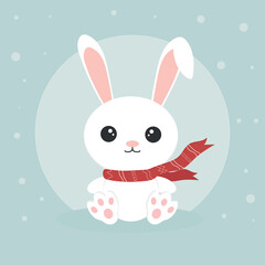 New Year's rabbit in a scarf. Cute holiday bunny. Vector illustration