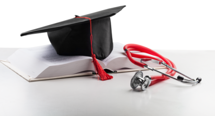 Medical stethoscope and graduate hat on the book.