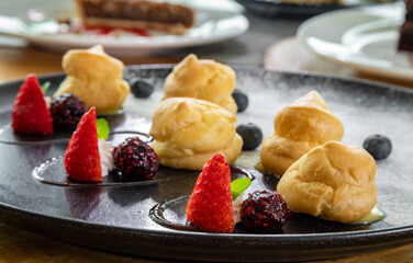 Typical peruvian food and drinks, profitelores with fruit