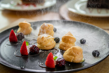 Typical peruvian food and drinks, profitelores with fruit