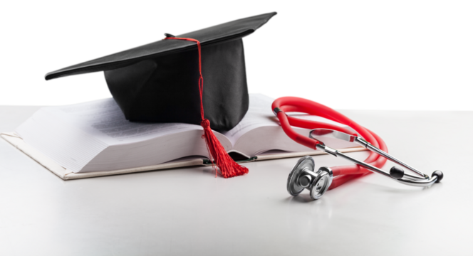 Medical stethoscope and graduate hat on the book.