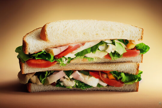 A large sandwich with , salad lettuce, ham, tomatoes. Close-up