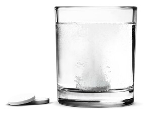Glass with water and white medical pill