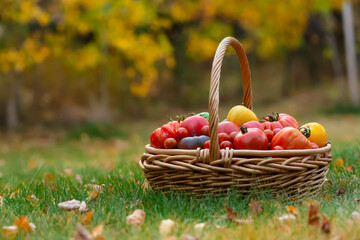 Variety of colorful tomatoes in the wicker basket on the autumn yard.