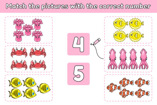 Math educational game for kids. Match the pictures with the correct number. Vector illustration of cartoon sea animals.