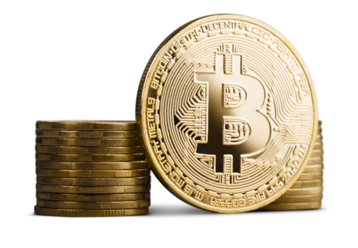 Golden bitcoin and a pile of coins, money concept