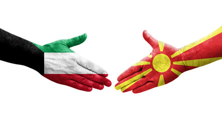 Handshake between North Macedonia and Kuwait flags painted on hands, isolated transparent image.