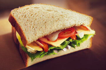 Breakfast sandwich with tomatoes, cheese, salad lettuce. Close-up