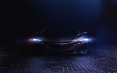Futuristic car in cinematic dark tech environment (3D Illustration) - obrazy, fototapety, plakaty