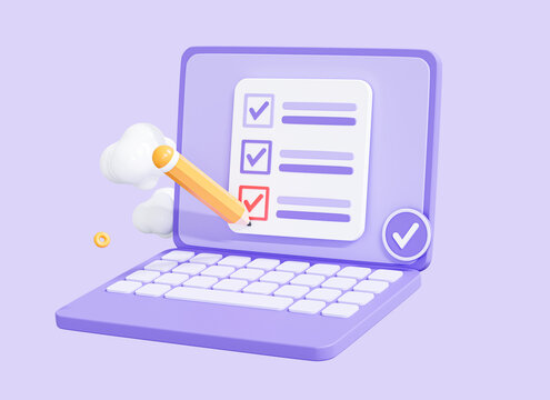 3D Computer laptop with checklist and pen. Task management concept. To do list with check mark. Completed online survey or poll. Web opinion. Cartoon design isolated on purple background. 3D Rendering