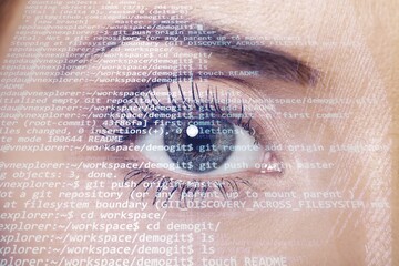 Young Female eyes with digital code lines