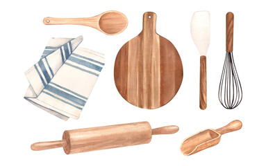 Watercolor set accessories kitchen utensils clipart for bakery. The set includes a wooden spatula and spoon, a kitchen towel. Perfect as a table, background for items. Illustration elements isolated