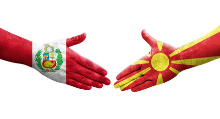 Handshake between North Macedonia and Peru flags painted on hands, isolated transparent image.