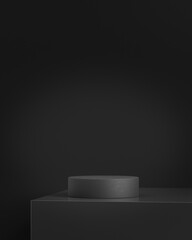 Black podium on dark background showcase. Minimal pedestal cosmetic backdrop for product presentation. 3d rendering