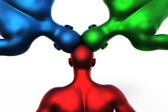 3d model. 3 multicolored male heads growing out of each other. group mind. 