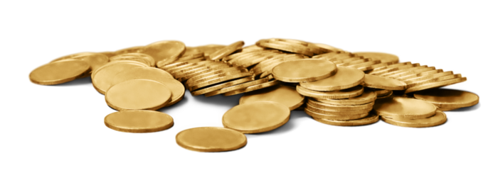 Golden coins on a white background