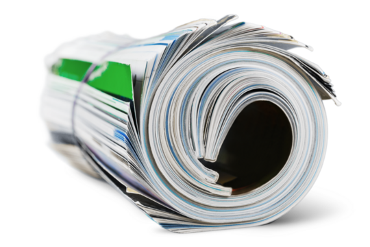 Color, rolled up magazines with reflection. Close-up.