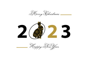 Happy New Year 2023. Card with rabbit and snowflakes