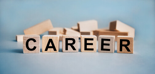 The inscription CAREER on wooden cubes isolated on a light background, the concept of business and finance.