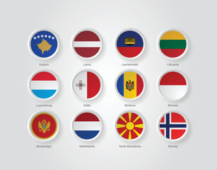 3D embossed and circular design flag icons for European countries. Vector illustration.