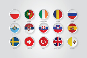 3D embossed and circular design flag icons for European countries. Vector illustration.