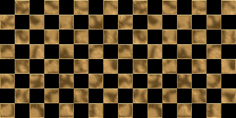 Seamless golden checker or chessboard square pattern. Vintage abstract gold plated relief on dark black background. Modern elegant metallic luxury backdrop. Maximalist gilded wallpaper 3D rendering. - obrazy, fototapety, plakaty
