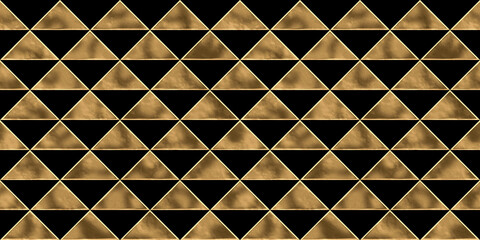Seamless golden triangle checker mosaic pattern. Vintage abstract gold plated relief sculpture on black background. Modern elegant metallic luxury backdrop. Maximalist gilded wallpaper 3D rendering.