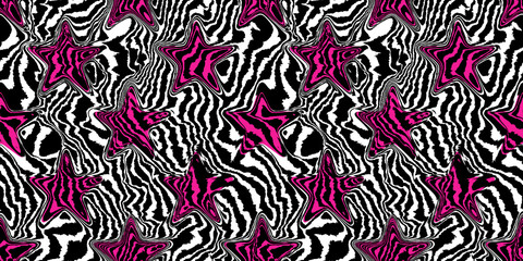 Seamless hot pink psychedelic tiger stripe or zebra skin barbiecore hollywood star contemporary patchwork fashion pattern. Girly maximalist wavy lines pop art safari animal print background texture.